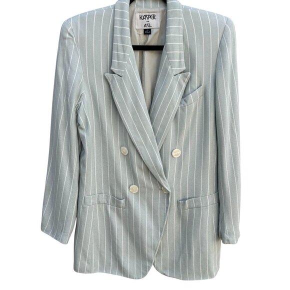 Kasper A.S.L. Womens Pinstriped Mint Green Double-Breasted Blazer Jacket 10 - Picture 1 of 9